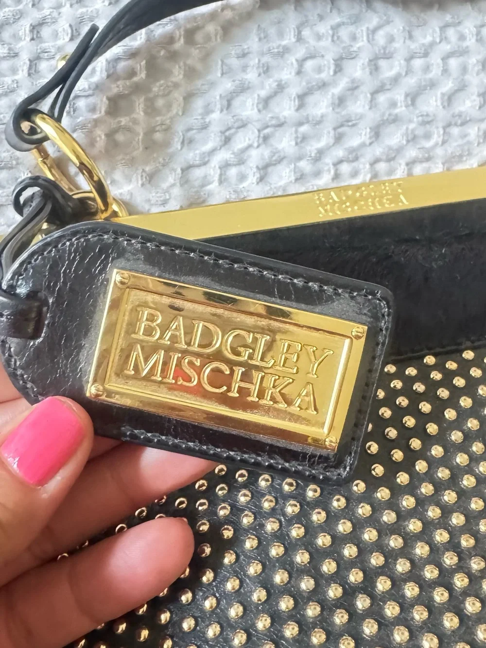 Badgley Mischka Black Leather Studded Top-Handle Satchel with Gold Hardware
